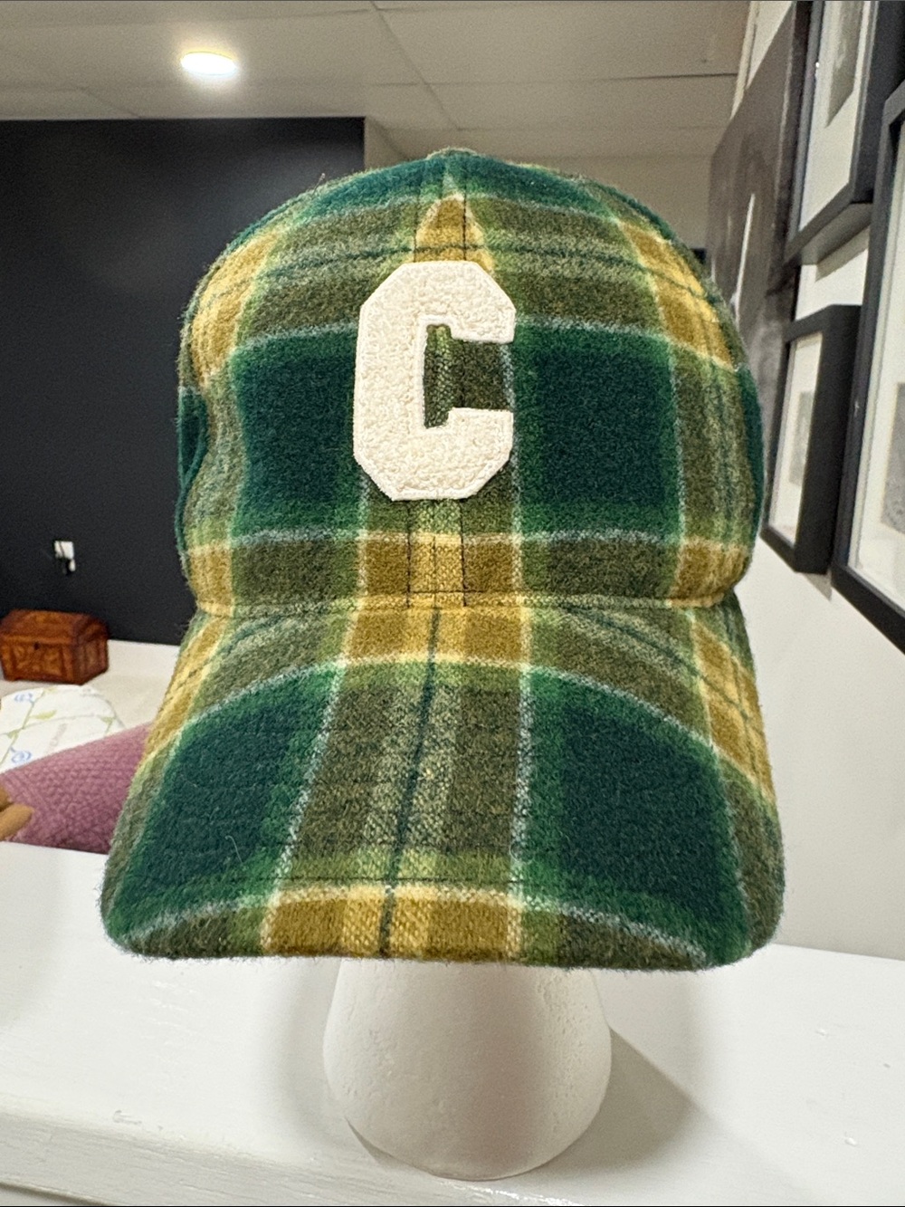 Celine Green & Gold Plaid Baseball Cap with 'C' Patch